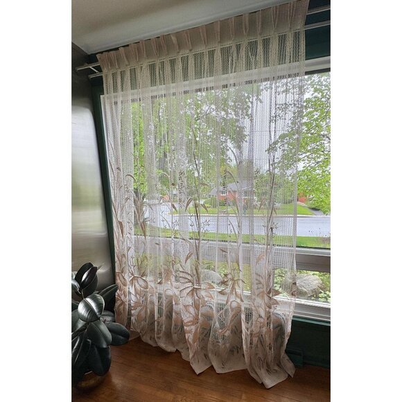 Vintage 70s pleated curtain, cream, golden beige mesh, floral pattern, tropical - Picture 1 of 10